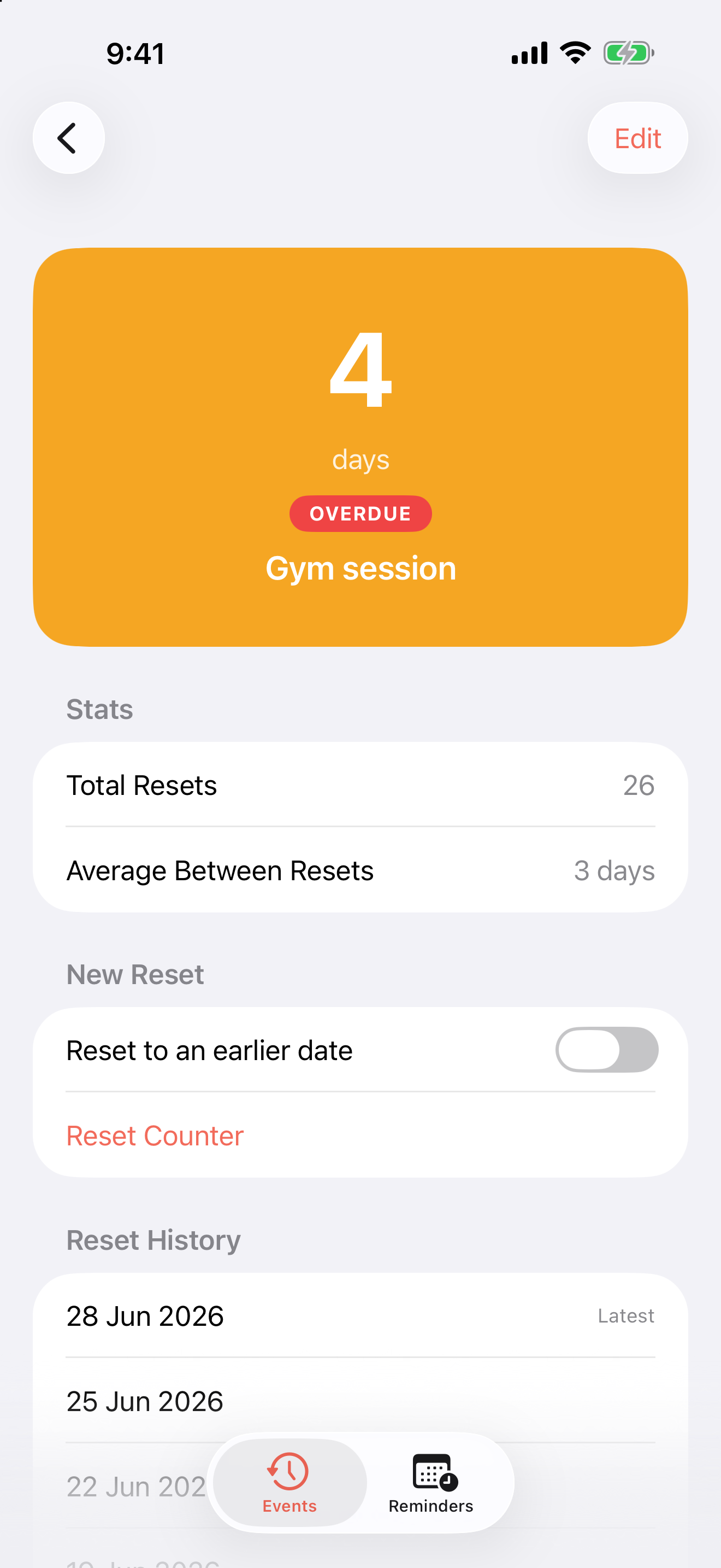 Days Since event detail — day count with total resets, average between resets and reset history