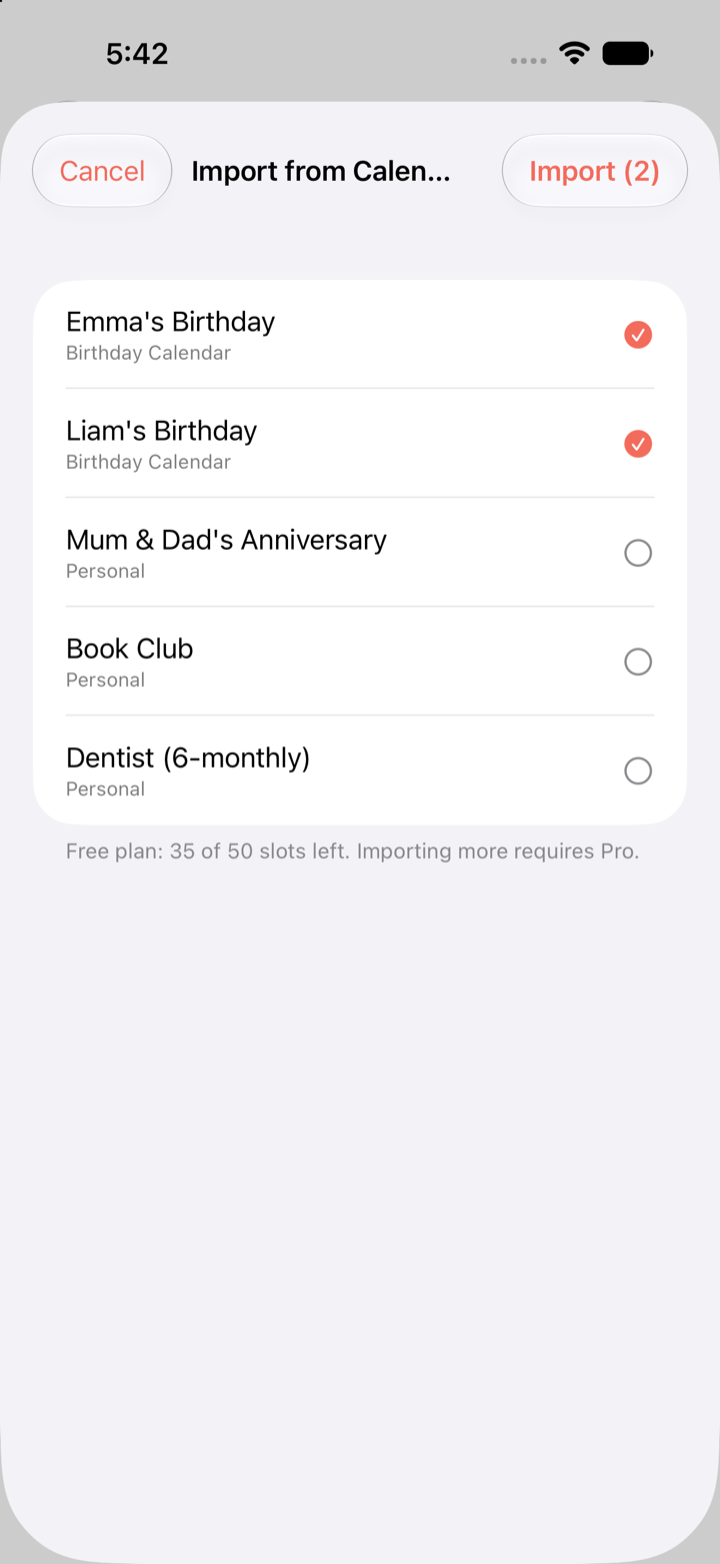 Days Since import-from-calendar sheet, selecting birthdays to import