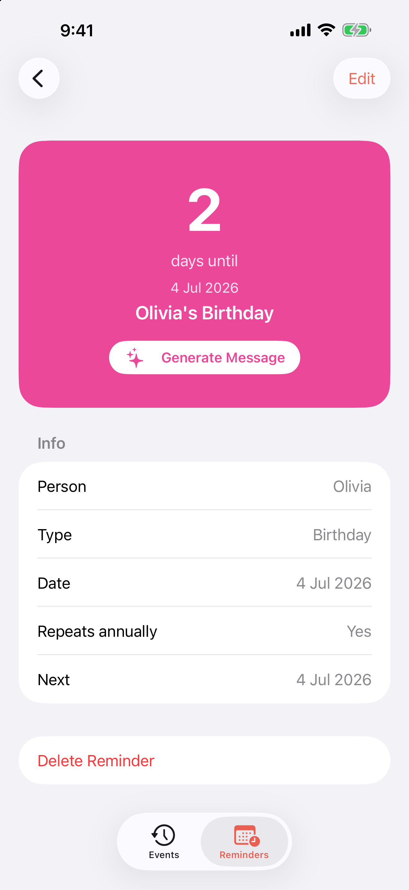 Days Since reminder detail — countdown to a birthday with on-device Generate Message button