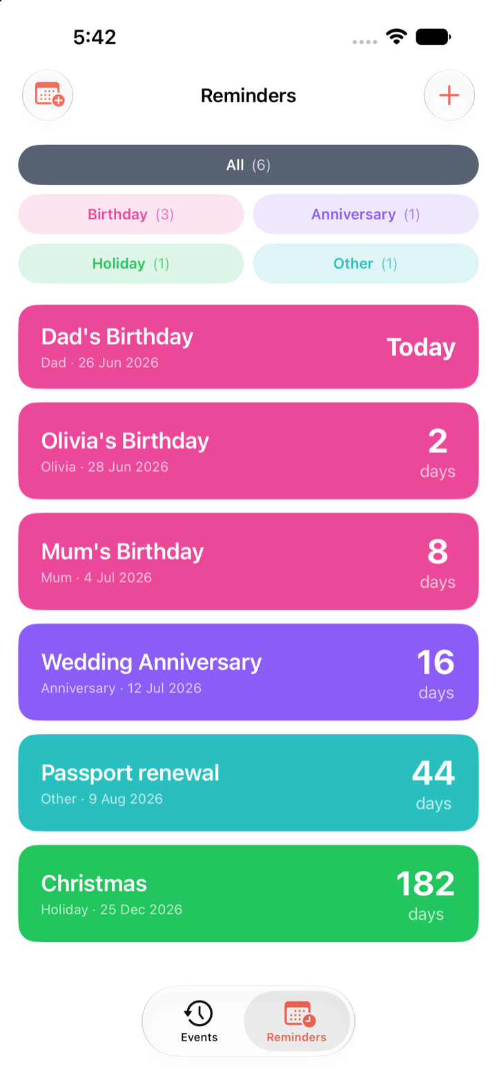 Days Since reminders list — countdown to upcoming birthdays and dates